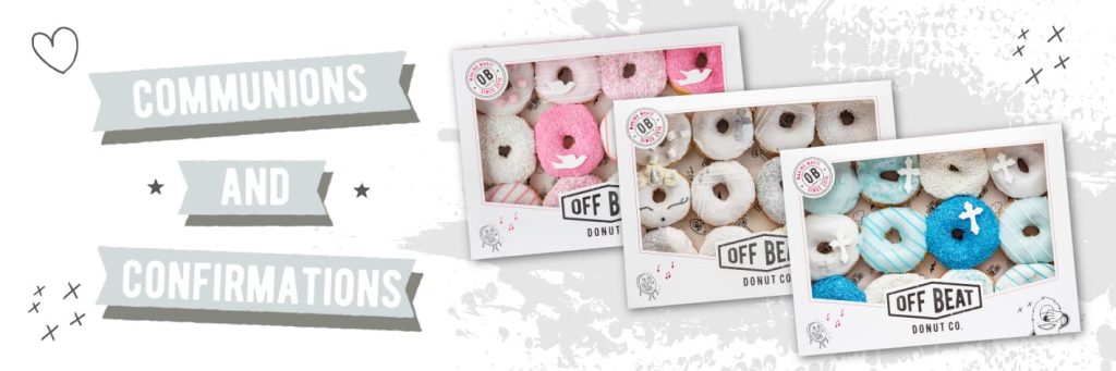 Offbeat Donuts Communions and Confirmations banner showing decorated donut boxes in pink, white, and blue with religious-themed designs